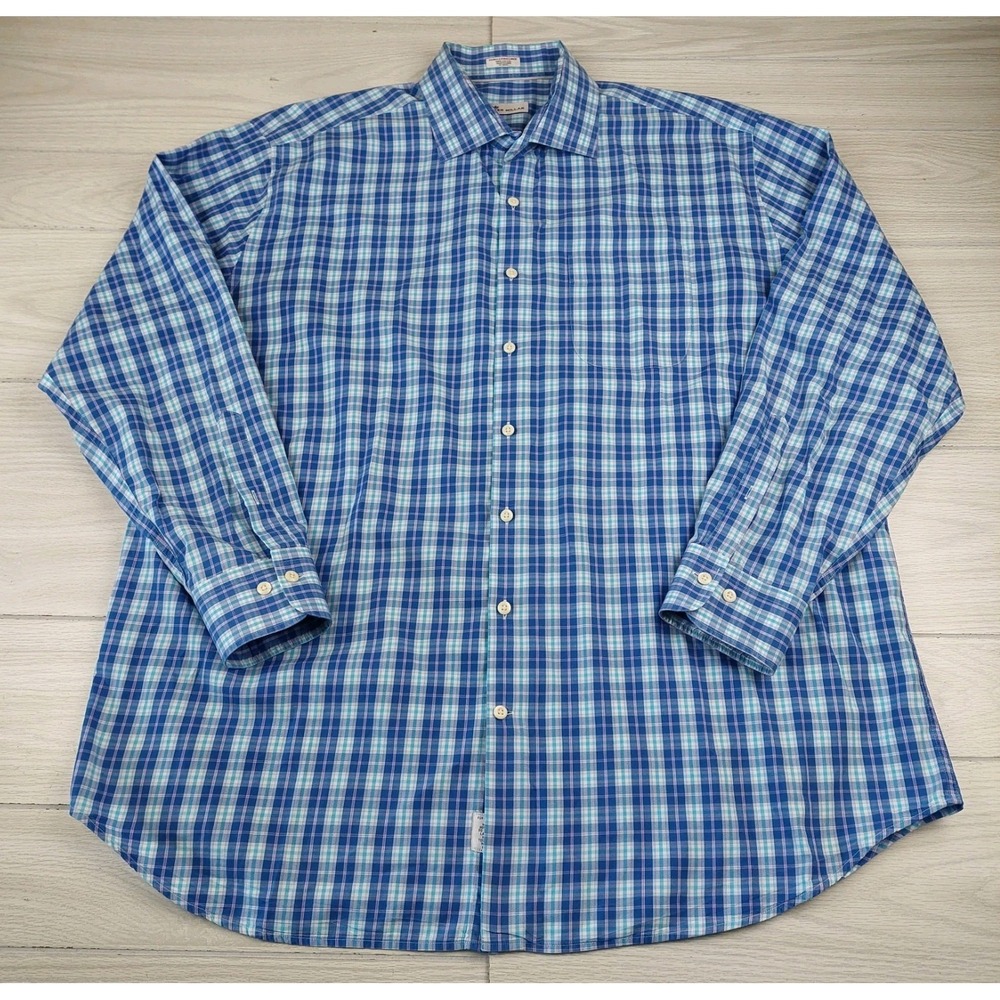 Peter Millar Button‎ Front Shirt Mens XXL Blue Plaid Cotton Long Sleeve Check